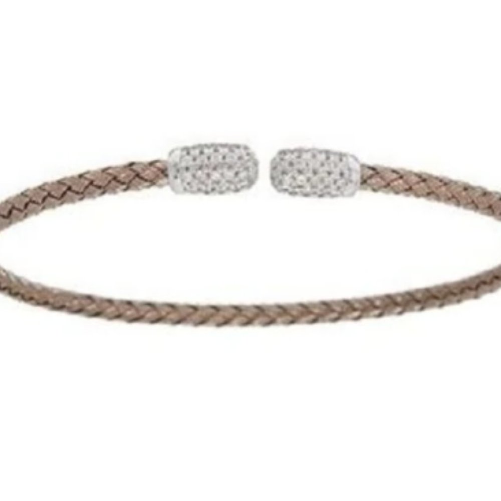 Vicenza Silver Sterling Woven Cuff Bracelet Diamonique Endcaps Chocolate Large